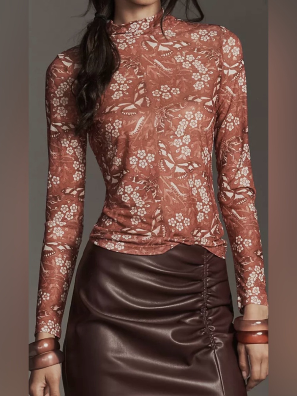 Anthropologie Rust Floral Mock-Neck Long Sleeve Slightly Sheer Top